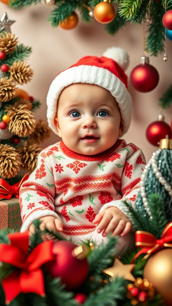 A Christmas card design with a baby in festive attire and holiday decorations.